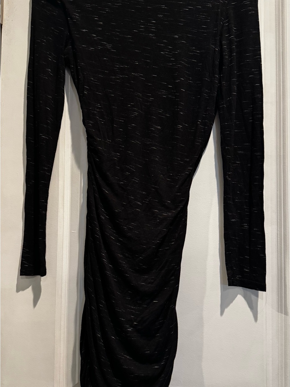 H&M XS Black Ruched Bodycon Dress Asymmetrical Neck Shoulder Pads - Picture 2 of 9